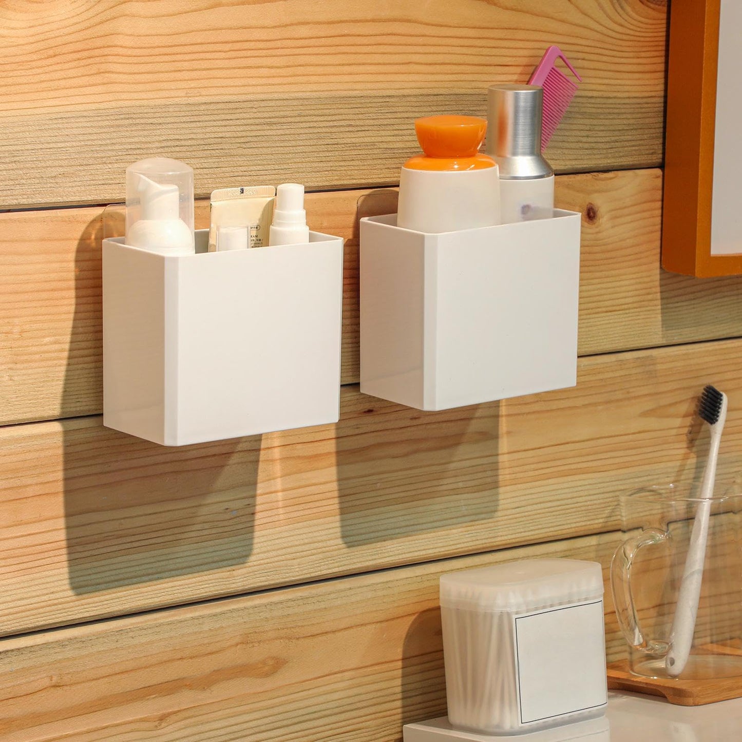 Suclain 2 Pcs Wall Mounted Organizer Non-Drilling Adhesive Floating Shelf White Wall Bin Organizer Hanging Storage Containers for Bedroom Bathroom Kitchen Office