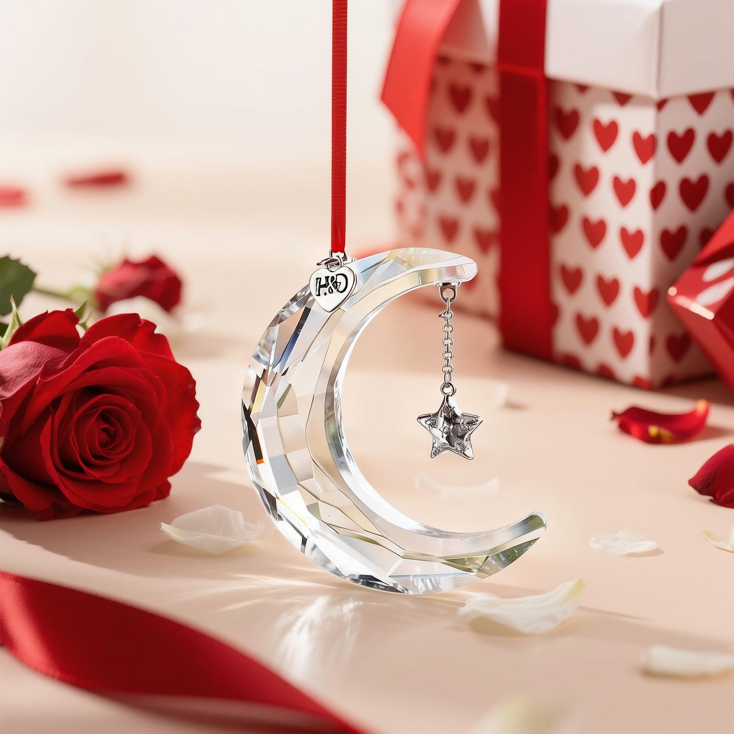 H&D HYALINE & DORA 2026 Christmas Moon Ornament Crystal Christmas Moon Hanging Ornament Clear Crystal Suncatcher Ornament for Xmas Winter Party Home Decor
