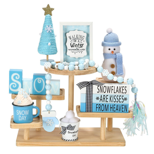 Winter Decorations for Home 8 PCS Tiered Tray Decor Set, Cute Christmas Blue Winter Wonderland Decor for Home Tray Shelf Mantel Office Indoor Snowman Table Centerpieces New Year Holiday Decoration