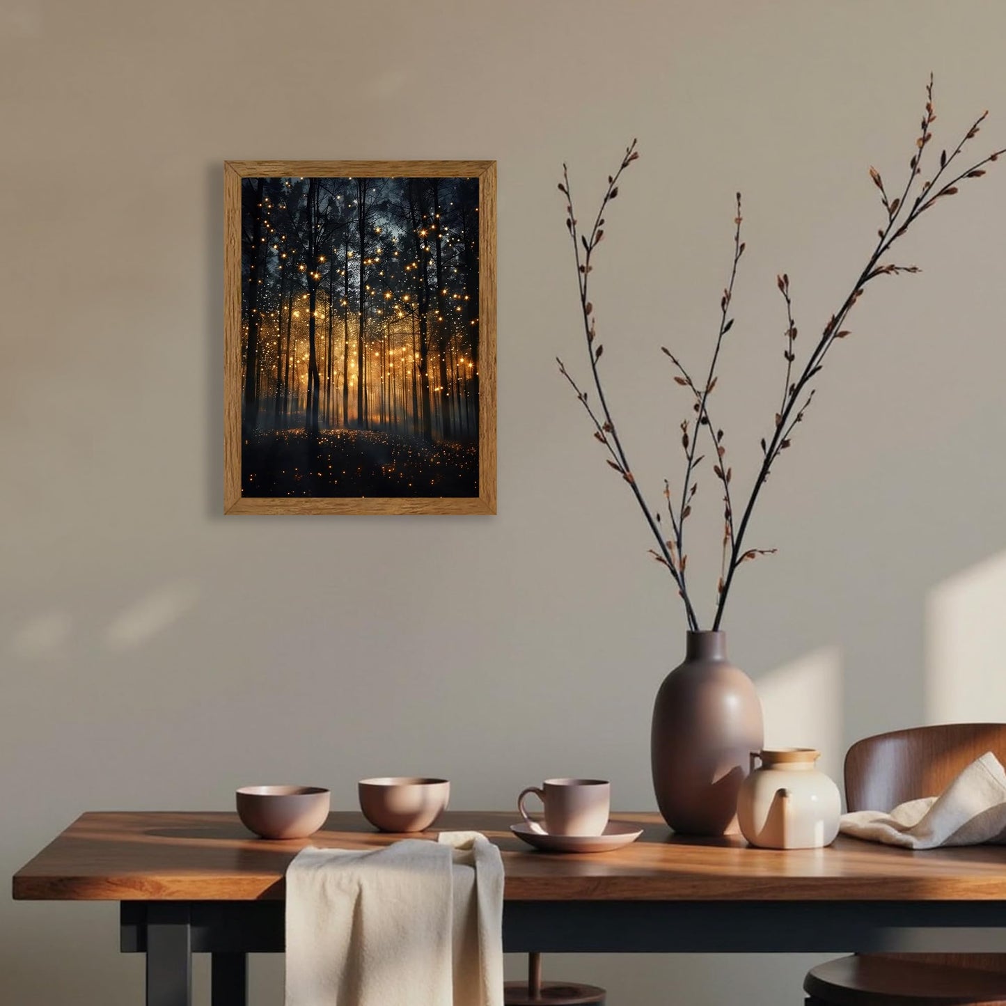 JLTULT Framed Enchanted Forest Firefly Canvas Wall Art, Dark Twilight Landscape Wall Decor, Rustic Botanical Nature Tree Art Prints for Bedroom Living Room Office Decoration 8x10 inch Easy to Hang