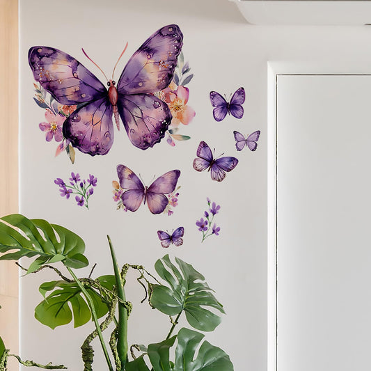 Purple Butterfly Wall Decals Removable Purple Butterflies with Flowers Wall Stickers Peel and Stick Vinyl Butterfly Art Wall Decor for Living Room Bedroom Nursery Bathroom Classroom Decorations