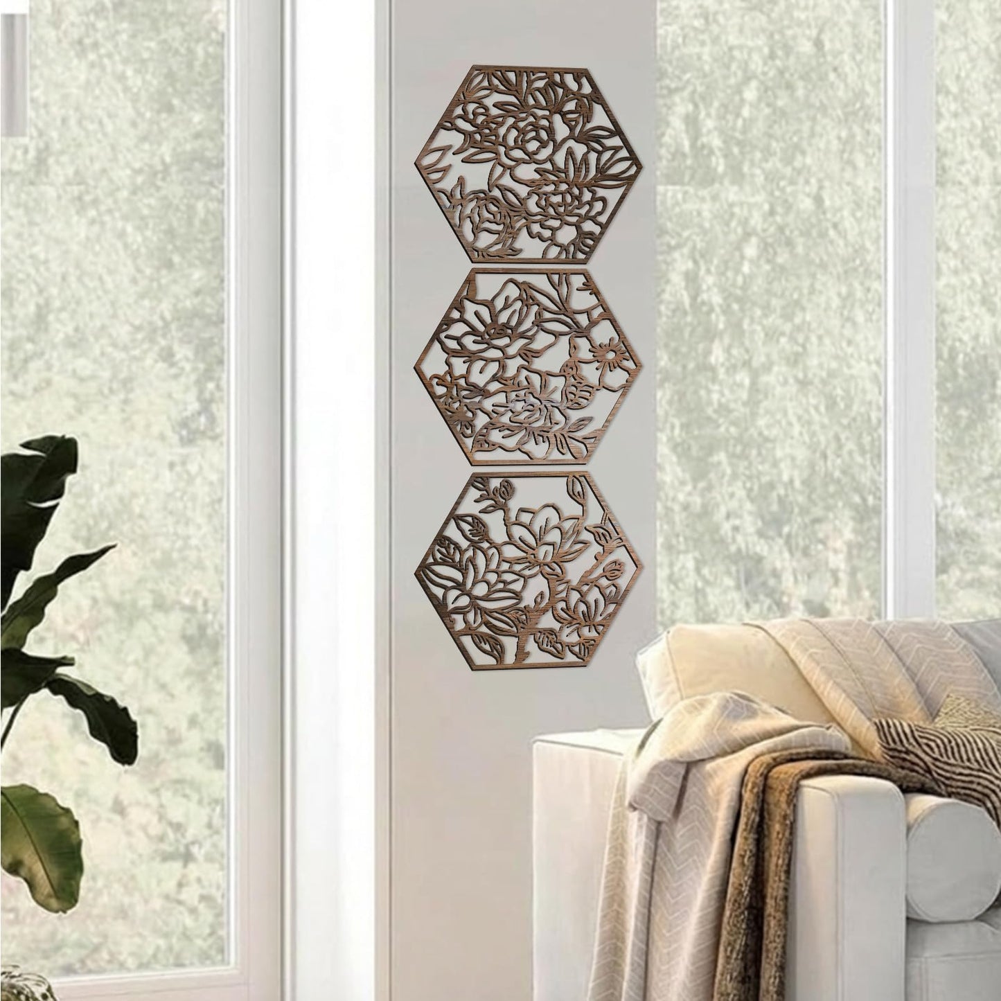 BreezeHug 6 Pcs Flowers Wooden Wall Art Decor Hexagon Hollowing out Boho Flower Sculpture Sign Ornament Modern Wooden Wall Art Decoration Hanging Set for Living Room Bedroom Farmhouse (11"x 10")