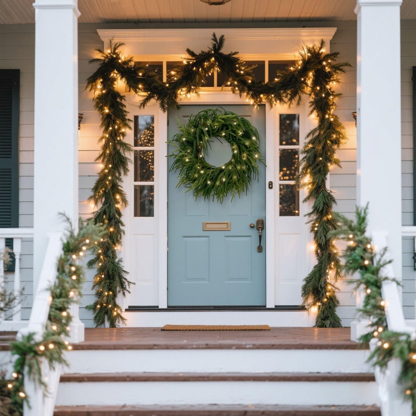 TOKCARE Norfolk Pine Wreaths for Front Door, 26Inch Real Touch Prelit Christmas Wreath with Lights 40 LED Green Faux Pine Wreath for Wall Windows Mantle Outdoor Christmas Decoration