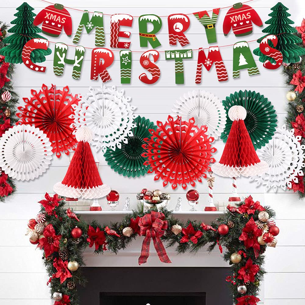 Christmas Party Decorations, Merry Christmas Banner Honeycomb Santa Hats Trees Hanging Snowflakes Paper Fans for Xmas Party Eve Holiday Home Decor