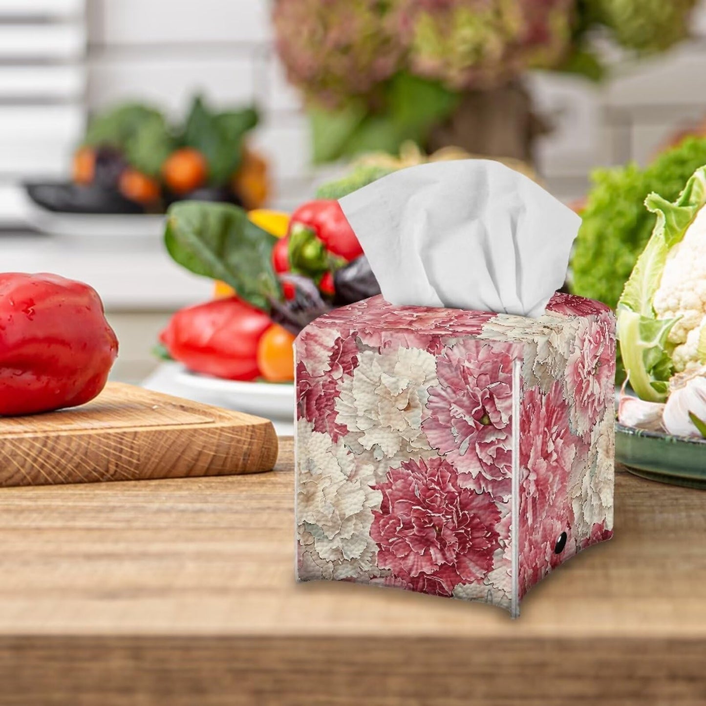 Baxinh Peony Print Tissue Box Cover - Home Decor Cube Tissue Box Holder - Pink, PU Leather with Bottom Belt