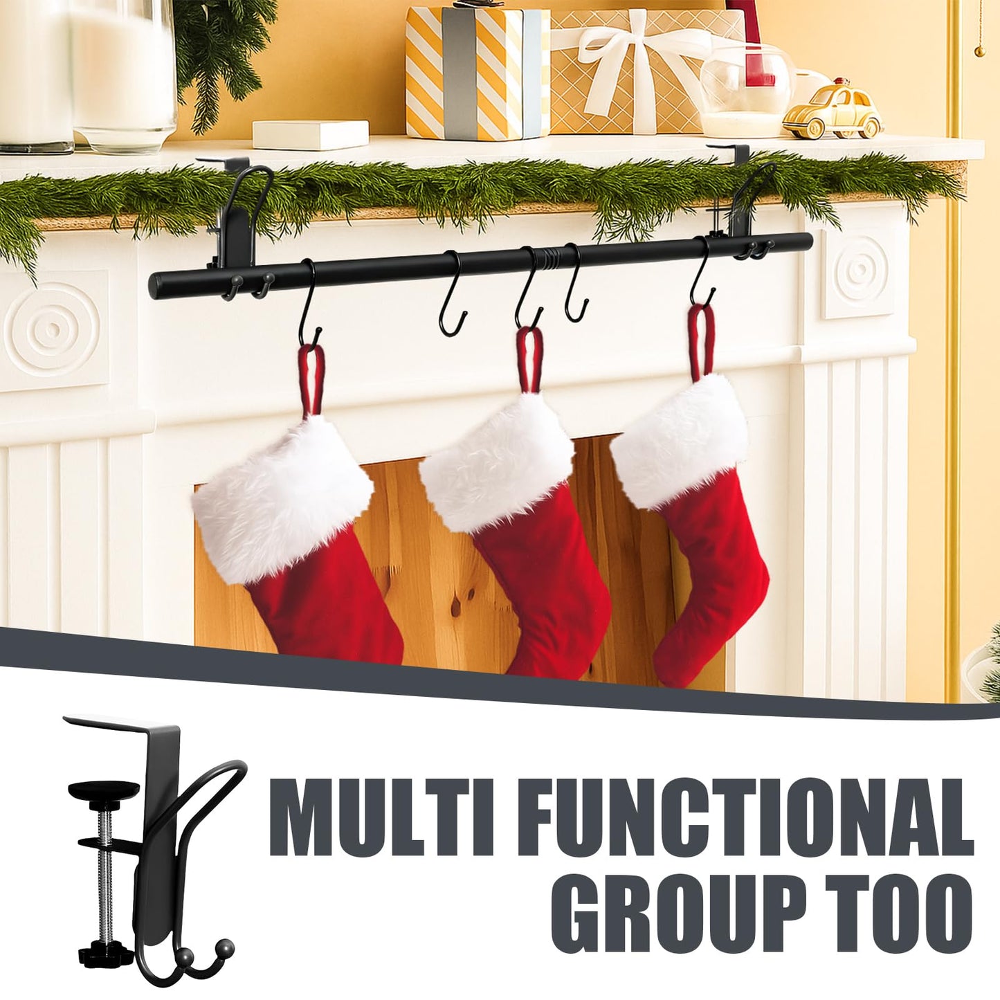 Hoolerry 10 Pcs 3 in 1 Christmas Stocking Garland Hanger for Mantle Fireplace Mantel Garland Hangers with Adjustable Tension Rods Hooks for Xmas Holiday Stocking Wreath Hanging Ornament (Small,Black)