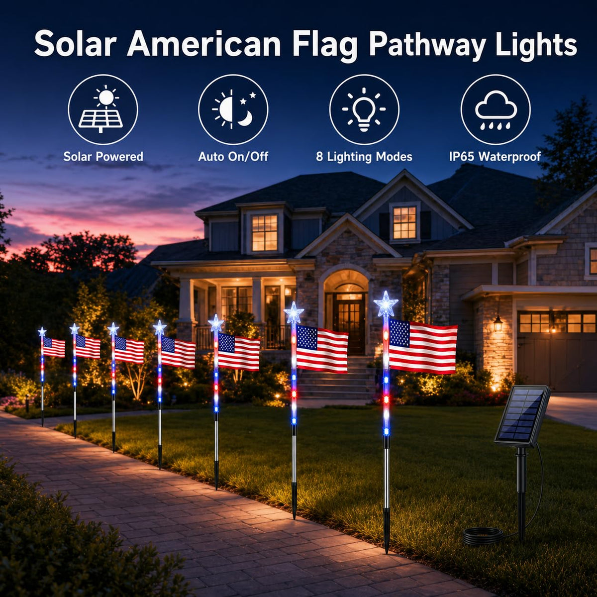 8 Pack Solar American Flag Pathway Lights, Patriotic Red White Blue Outdoor Stake Lights, Waterproof Solar LED Yard Garden Decorations for 4th of July, Independence Day
