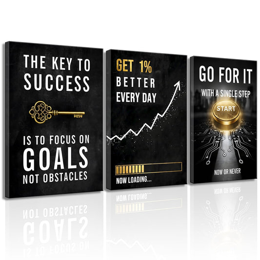 Motivational Office Wall Decor Get 1% Better Every Day Black and White Inspirational Wall Art, 3 Piece Focus on Goals Not Obstacles Quotes, Framed Modern Office Decor for Bedroom, Classroom, Entrepreneurs, Men & Boys