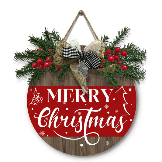 Cryfox Xmas Door Wreath Hanger Wooden Welcome Door Sign for Front Door Winter Holiday Outdoor Hanging Sign with Bow Farmhouse Indoors Wall Sign Christma Decorations