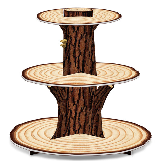 Wooden 3 Tier Cupcake Stand Decoration - Rustic Wood Cupcake Stand Decor for Camping, Birthday, Safari Party Supplies