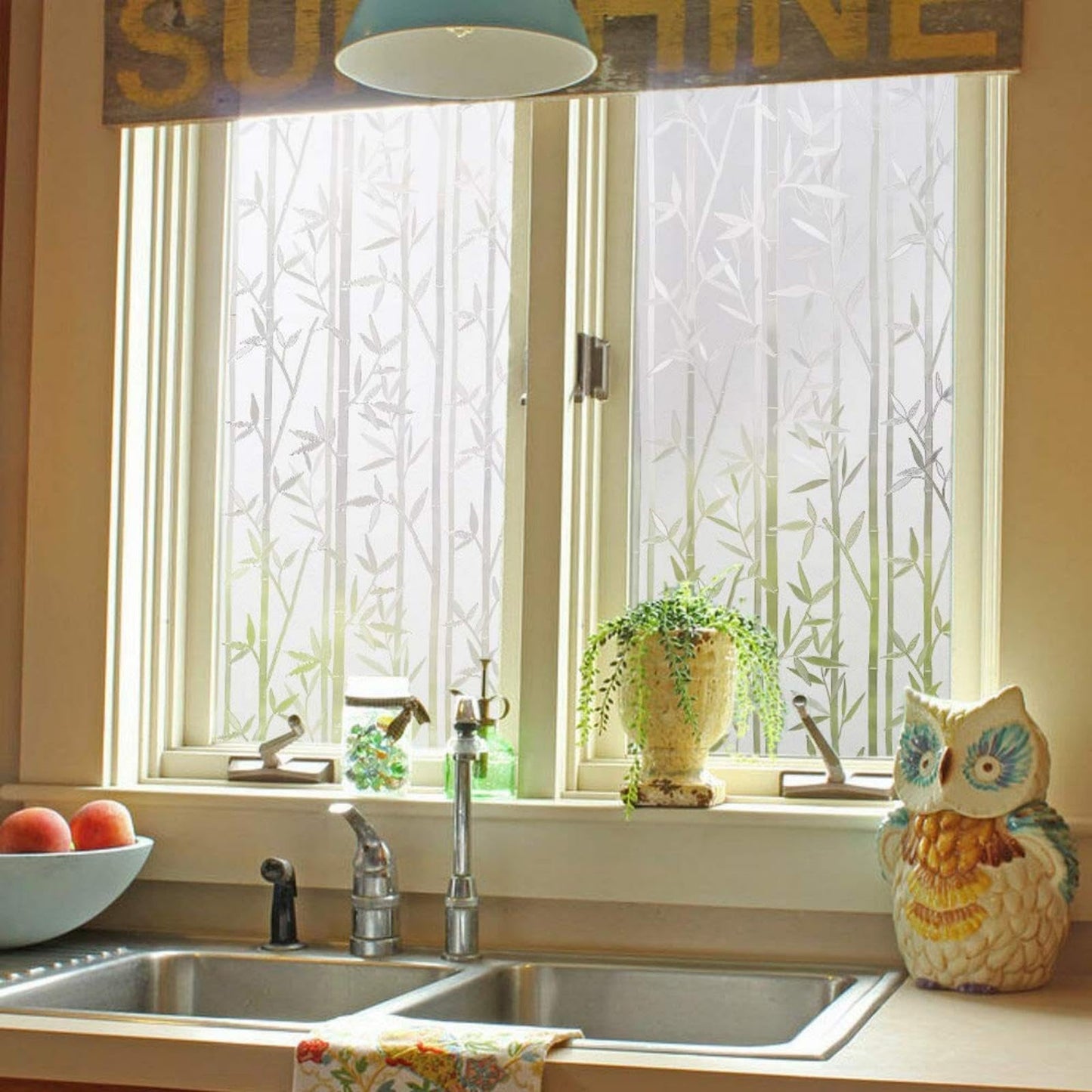 Finnez Frosted Bamboo Window Privacy Film, Static Cling No-Glue Decorative Film for Glass Doors and Windows, Removable and Reusable, Easy to Install, 17.5 x 78.7 inches