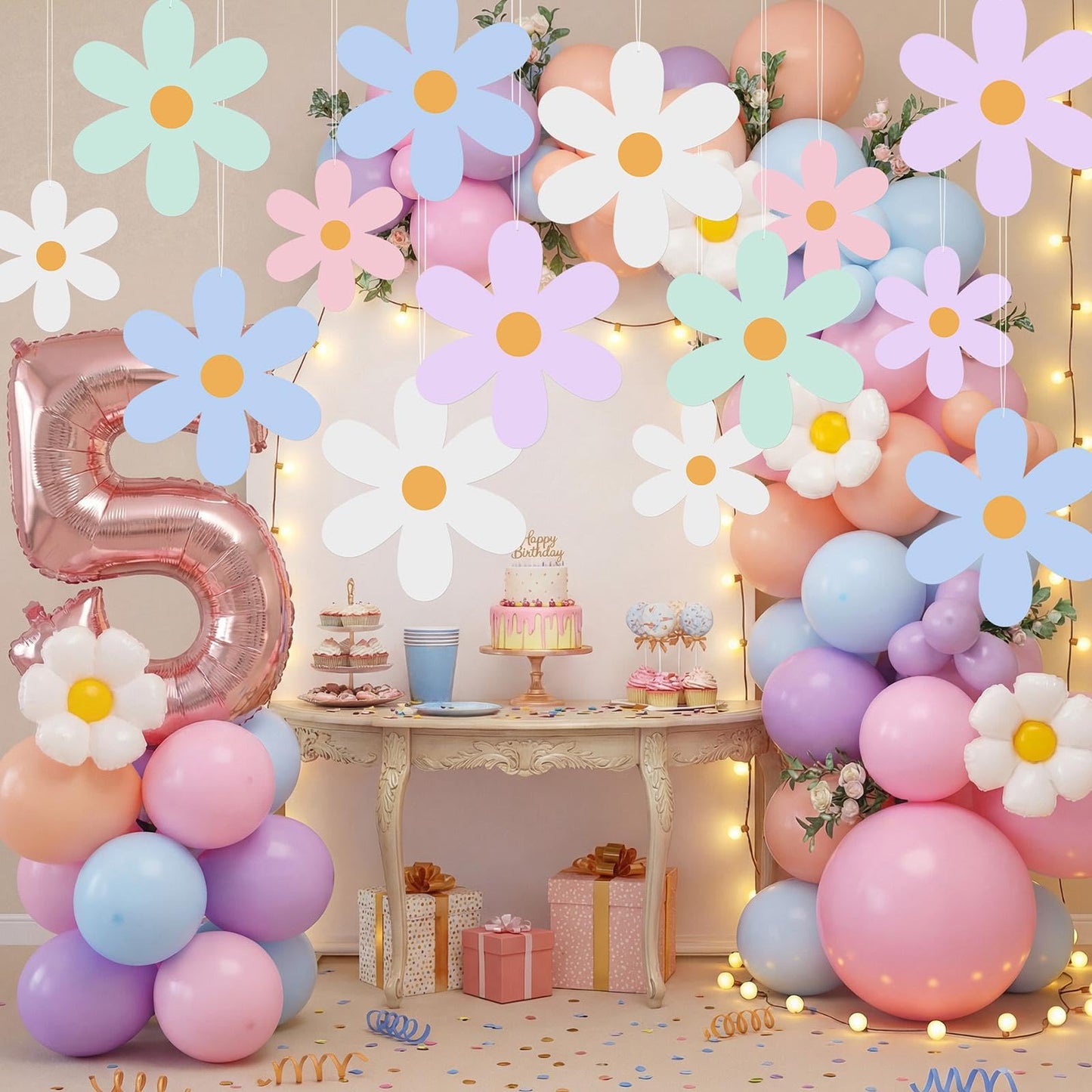 Chinco 30 Pcs Daisy Hanging Decorations for Ceiling Hippie Hanging Garland for Birthday Wedding Party Baby Shower Bridal Shower Home Flowers Party Supplies (Pastel Daisy)