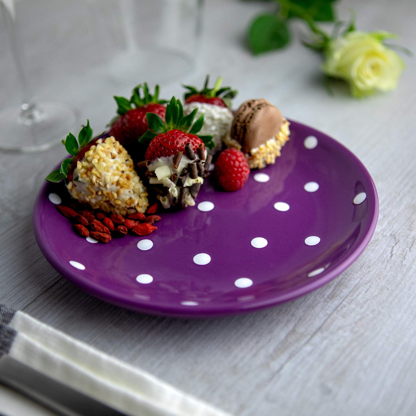 City to Cottage Handmade Purple and White Pottery Polka Dot Glazed 7.9inch/20cm Side Plate, Dessert Plate, Unique Ceramic Dinnerware, Housewarming Gift