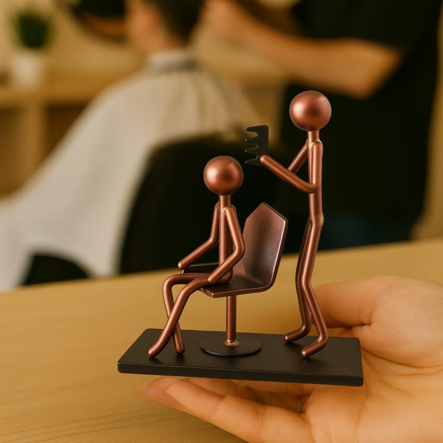 GUTE Hairdresser Craft Handmade Figurine 4.25" L x 4.25" H Recycled Metal Sculpture & Hand Welded Bronze Finish Art Gift Barber Shop Decor, Salon Desk Accessories & Hairstylist Appreciation Gifts