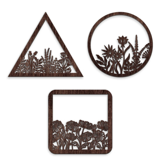Blulu 3 Pieces Wall Art Wood Wall Pediments Sacred Boho Art Wooden Floral Decor Minimalist Floral Hanging Flower Artwork for Home Dining Room(10 Inch,Brown)