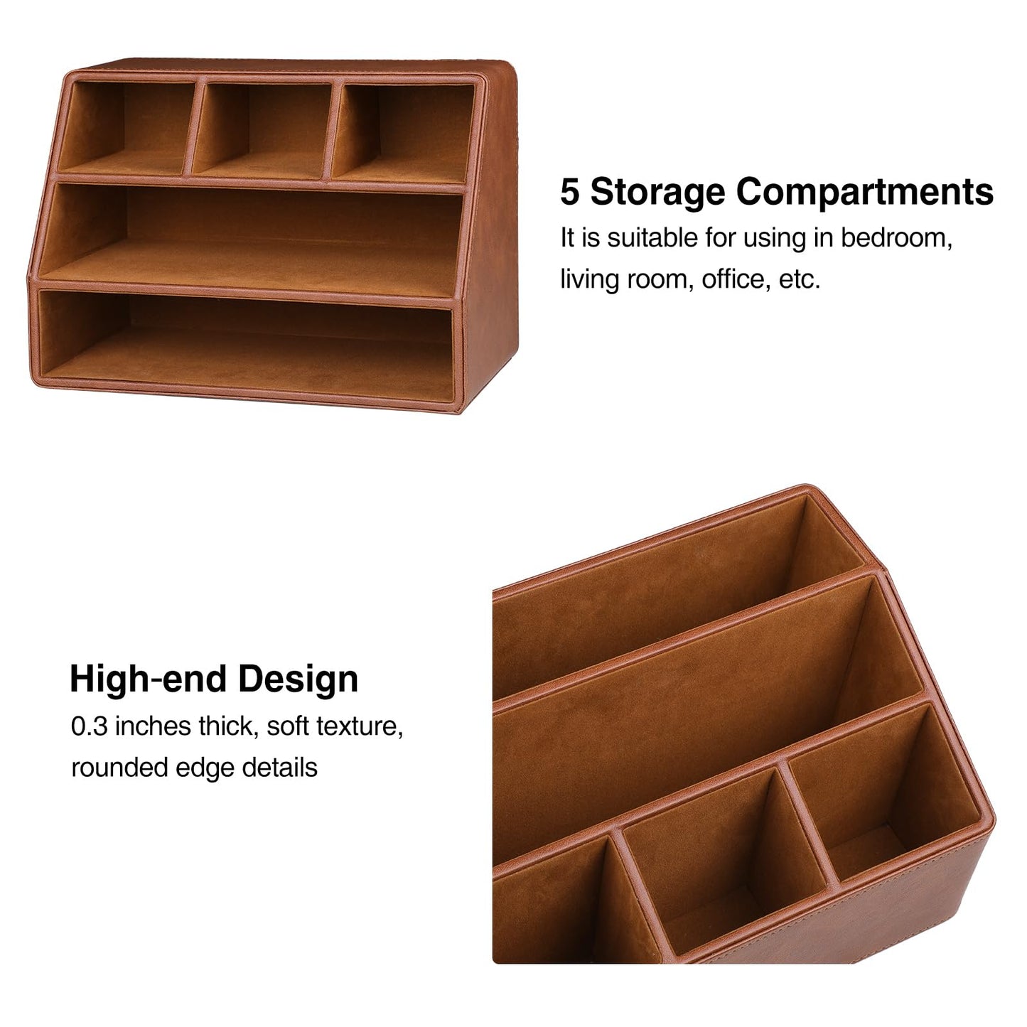 MEIBOOCH PU Leather Desk Organizer, Luxury Remote Control Holder for Home, Office Desk Accessories Table Caddy Bedside Nightstand Organizer (Brown)