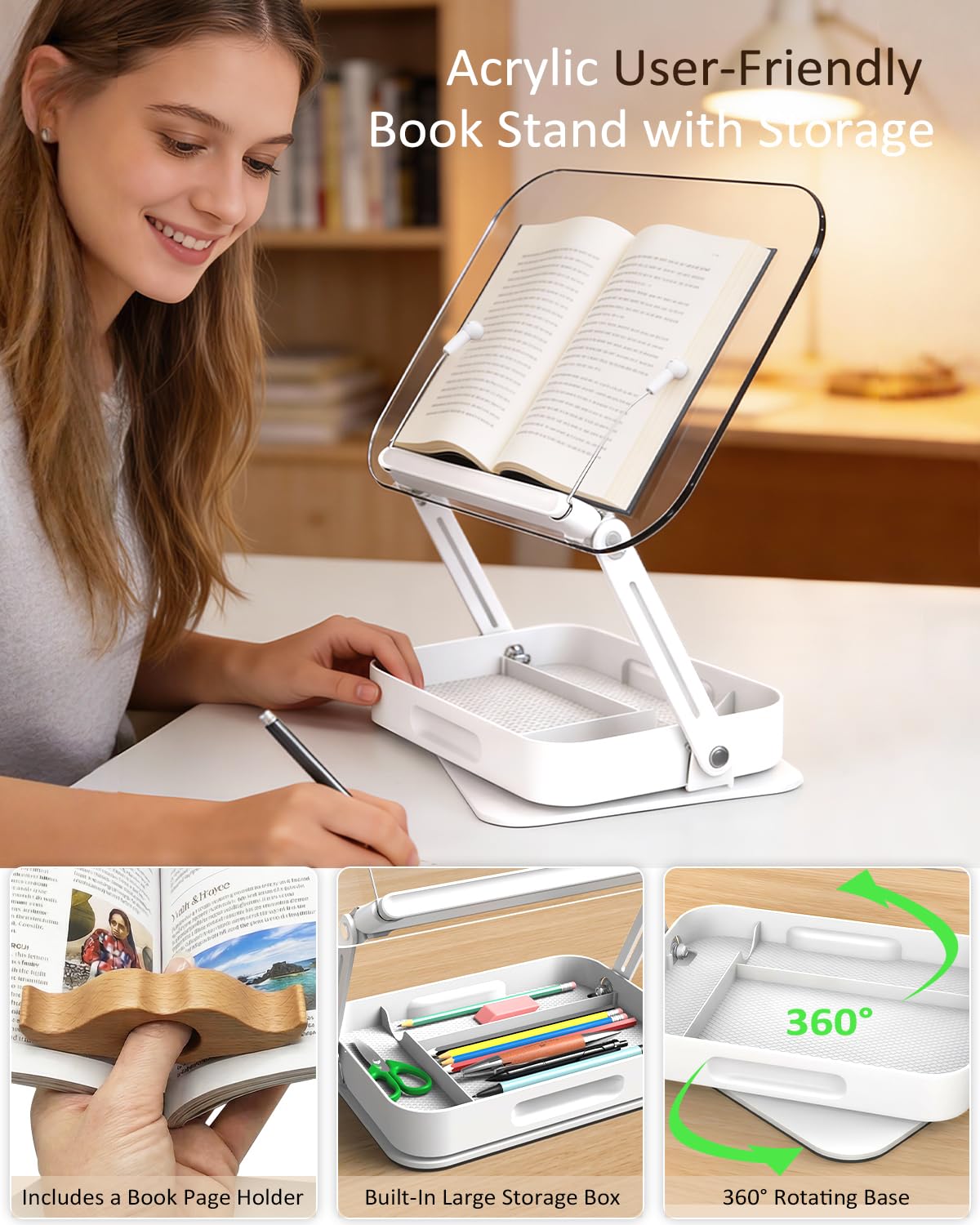 Lifcozy Book Stand for Reading, Acrylic Adjustable Book Holder with Book Page Holder, 360°Cookbook Stand with Storage for Kitchen Counter, Hands Free Recipe Book Holder for Textbook Cookbook, Clear