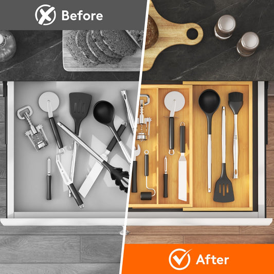 Lifewit Utensil Organizer for Kitchen Drawer, Expandable Cooking Utensil Tray, Cutlery Silverware Flatware Holder, Wood Adjustable Spatula Tools Storage Divider, 8.9-15.8 x 15.75, Natural