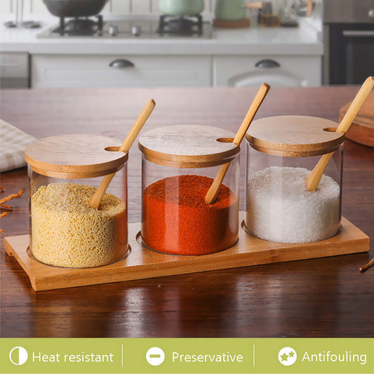 FANTESTICRYAN 3 PCS Stylish Simple Condiment Canisters Pots Set, Decorative Storage Seasoning Glass Container Box with Bamboo Spoon Lid and Base for Home Kitchen café Storing Salt Sugar Pepper Spice