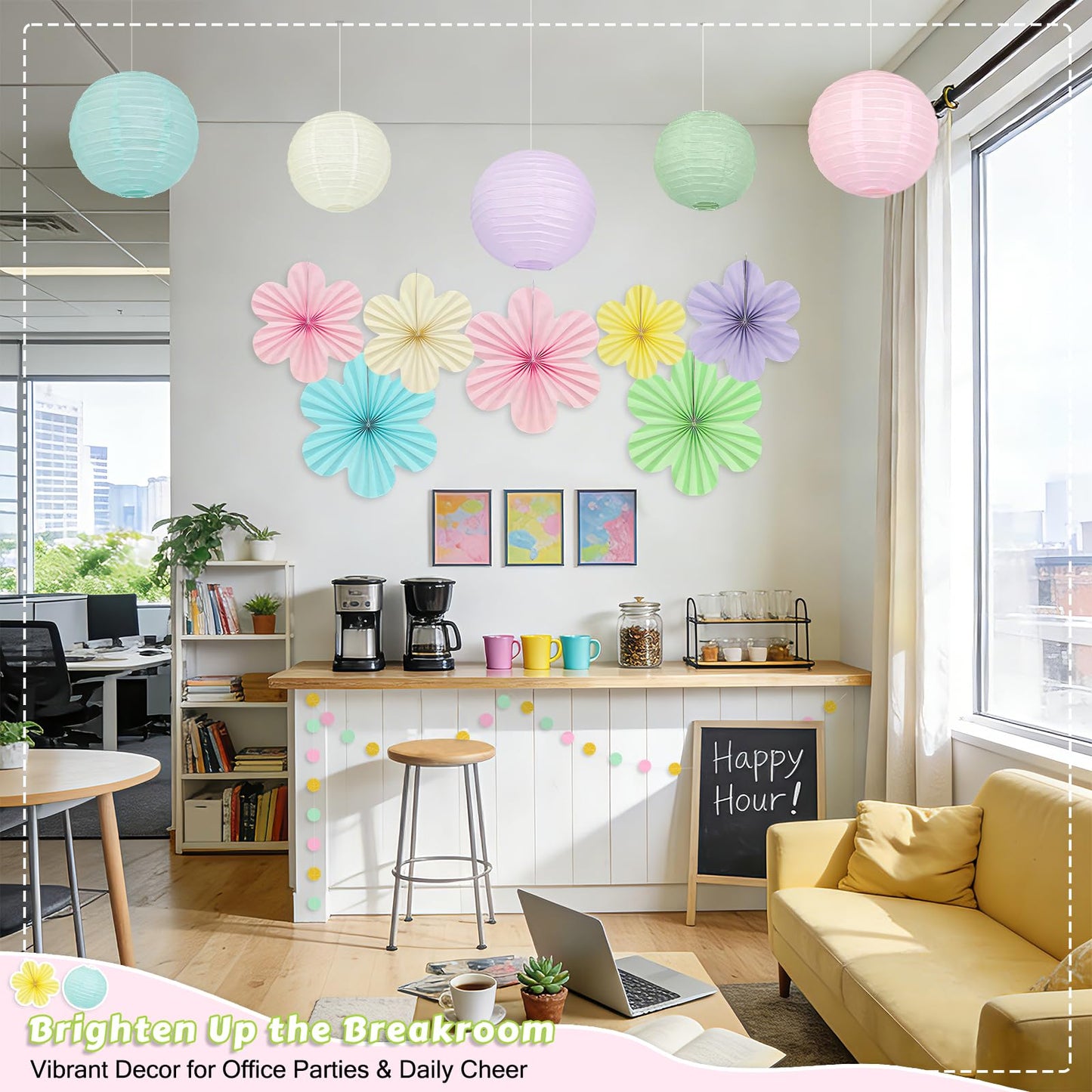 Spring Hanging Decorations - 20Pcs Pastel Party Decorations | Paper Lanterns & Flower Fans Set with Glitter Garland for Pastel Classroom Decor, Office, Baby Shower, Wedding & Easter Wall Decor