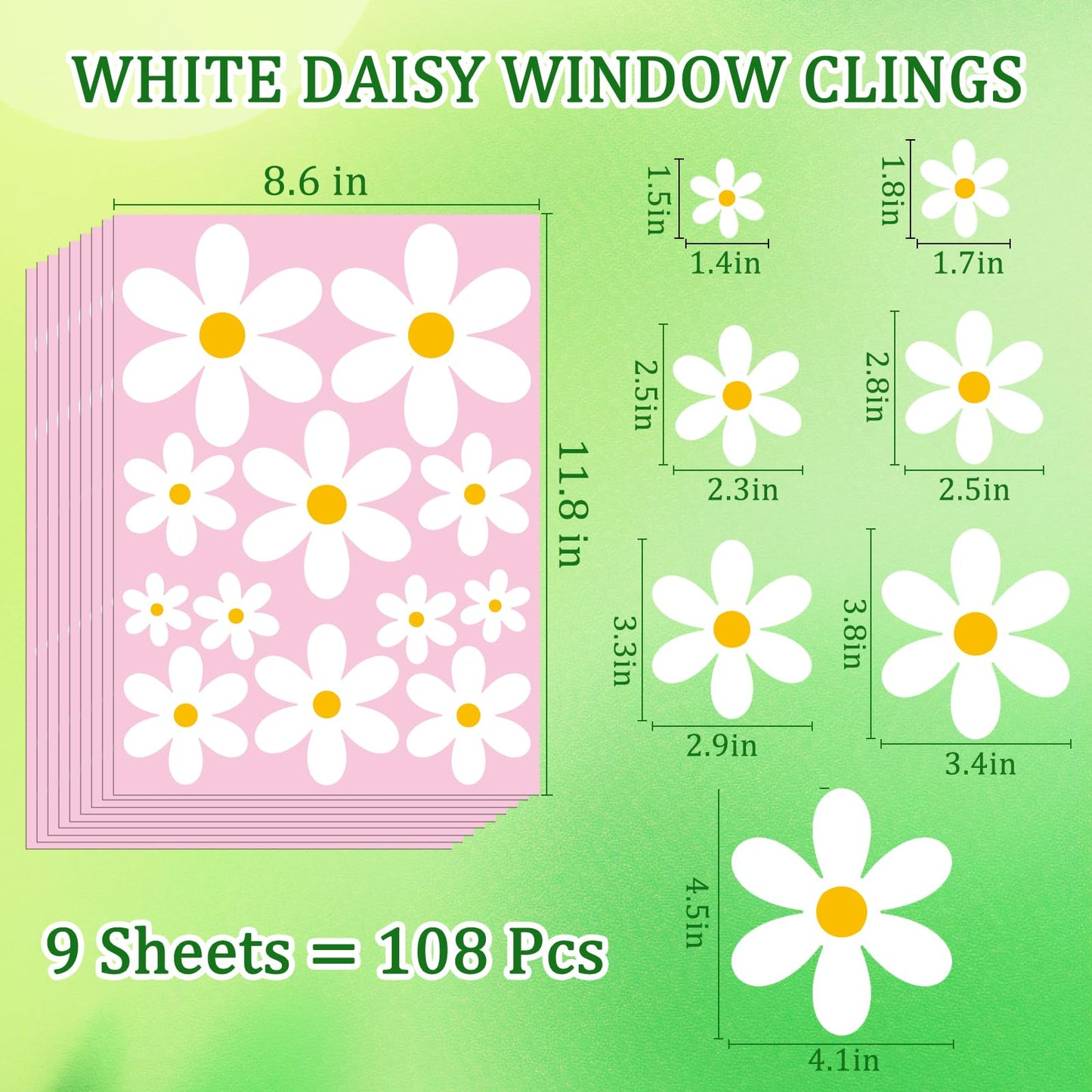 AOWDIAO 108 Pcs White Daisy Window Clings - 9 Sheets, Double-Sided Flower Glass Stickers - Summer & Spring Decorations for Home, Office, School