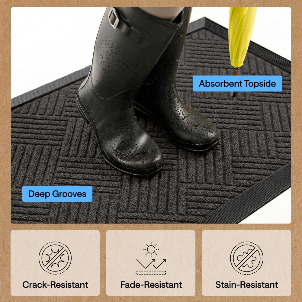 GORILLA GRIP 100% Waterproof All-Season WeatherMAX Doormat US Designed Natural Rubber, Stain Fade Resistant, Low Profile Indoor Outdoor Door Mats, Easy Clean, 29x17 Gray Diamond