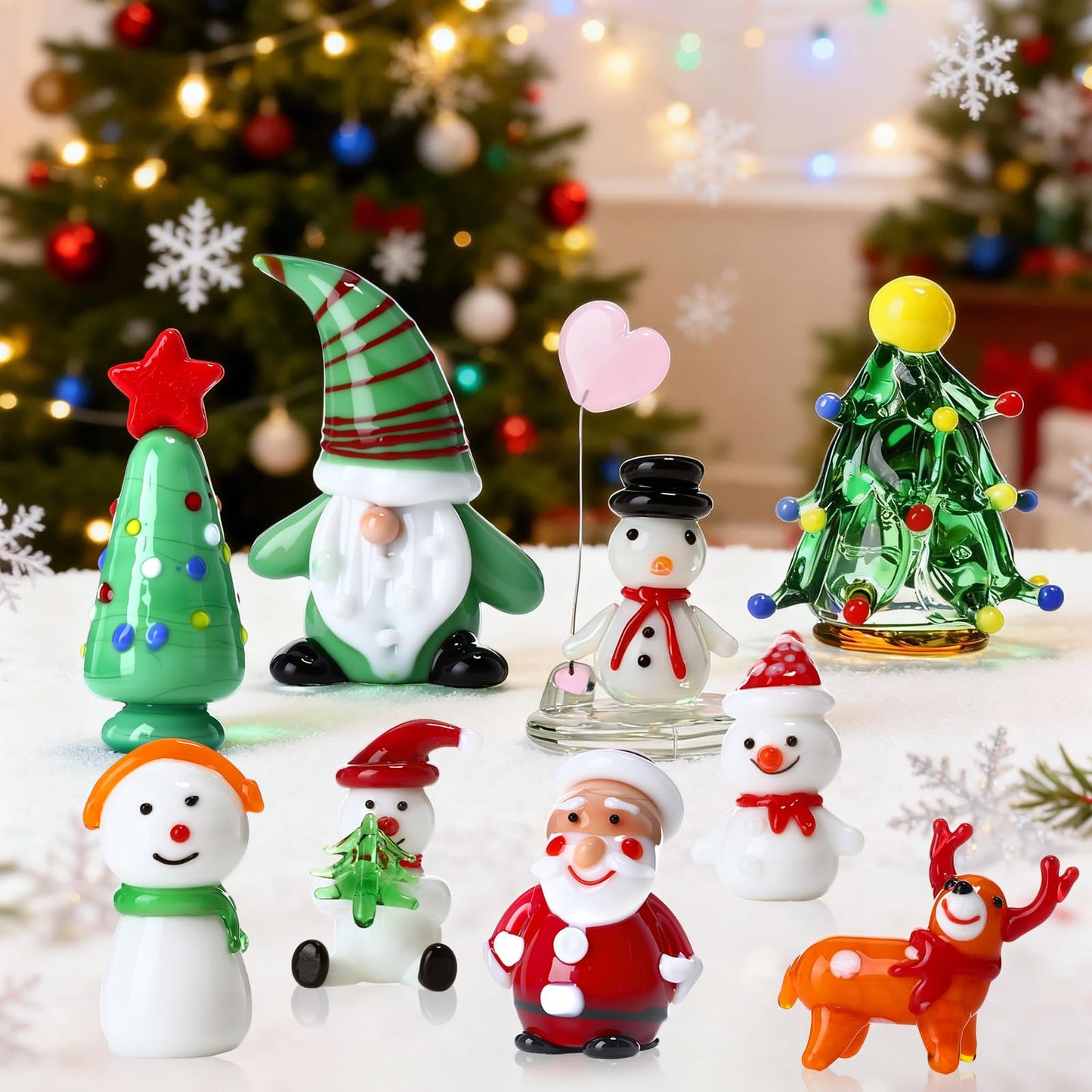 BrightRow 9 Pcs Blown Glass Christmas Tree Mini Christmas Figurines Sets Include Snowman Gnomes Reindeer Santa Claus Miniature Holiday Ornaments for Tabletop Home Decorations