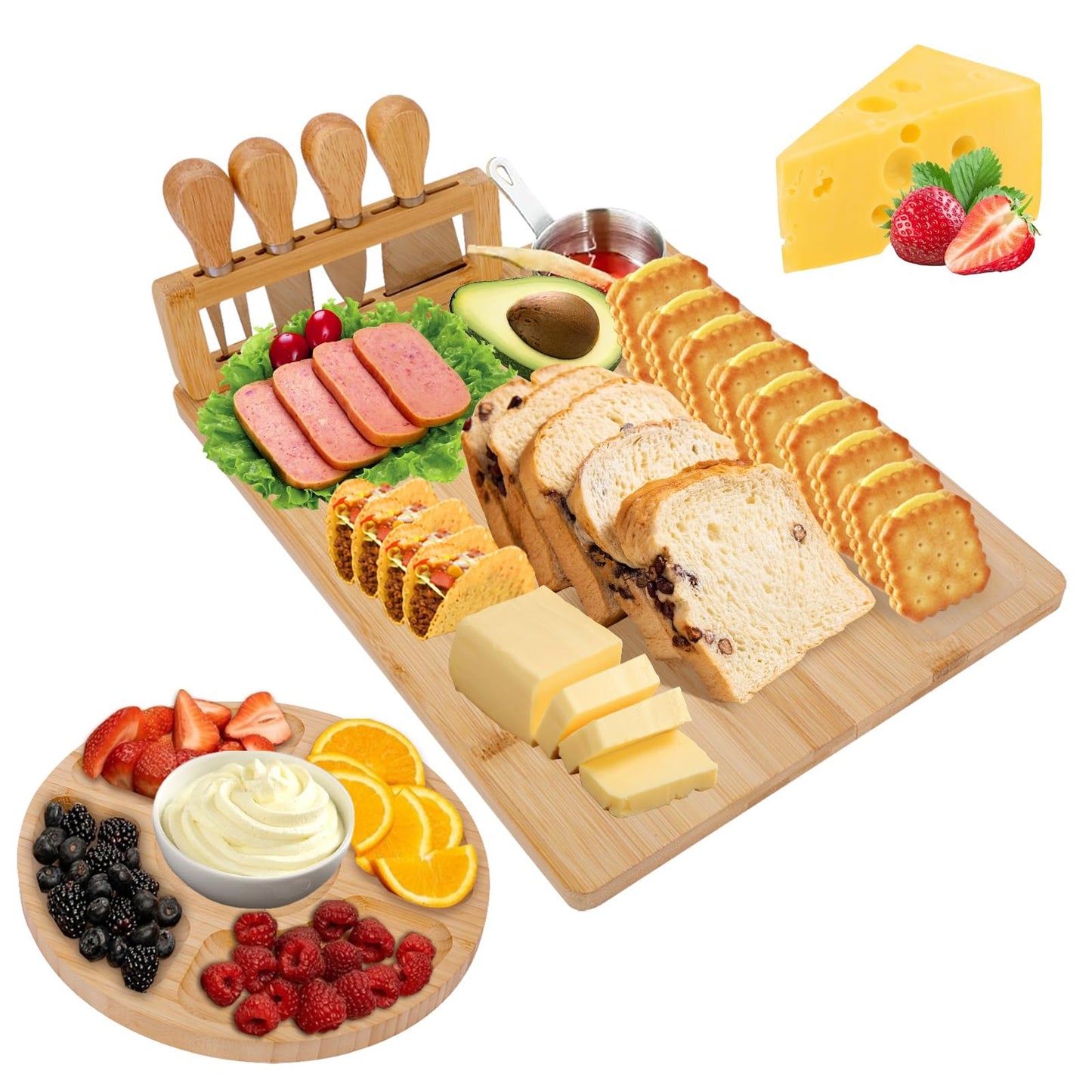 TURIMON Bamboo Charcuterie Board Set - Cheese Serving Platter with 4 Stainless Steel Knives and Fruit Tray - Elegant Cheese Board for Parties, Weddings, and Home Entertaining