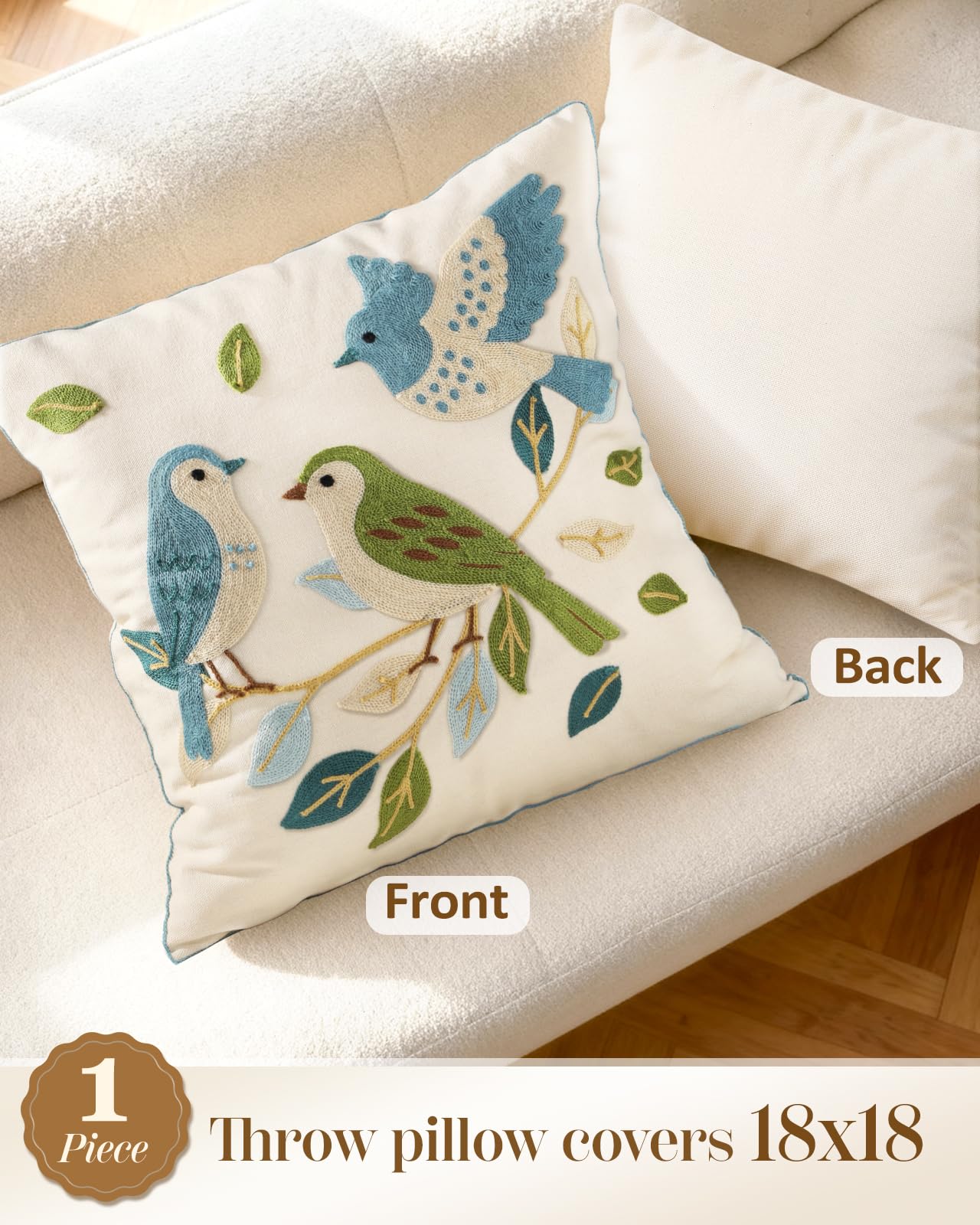 Kokaaee Embroidered Throw Pillow Cover 18x18 Inch - Spring Boho Decorative Pillow Covers with Zipper for Couch Sofa Bedroom Living Room Cushion Pillowcase, Birds Leaves