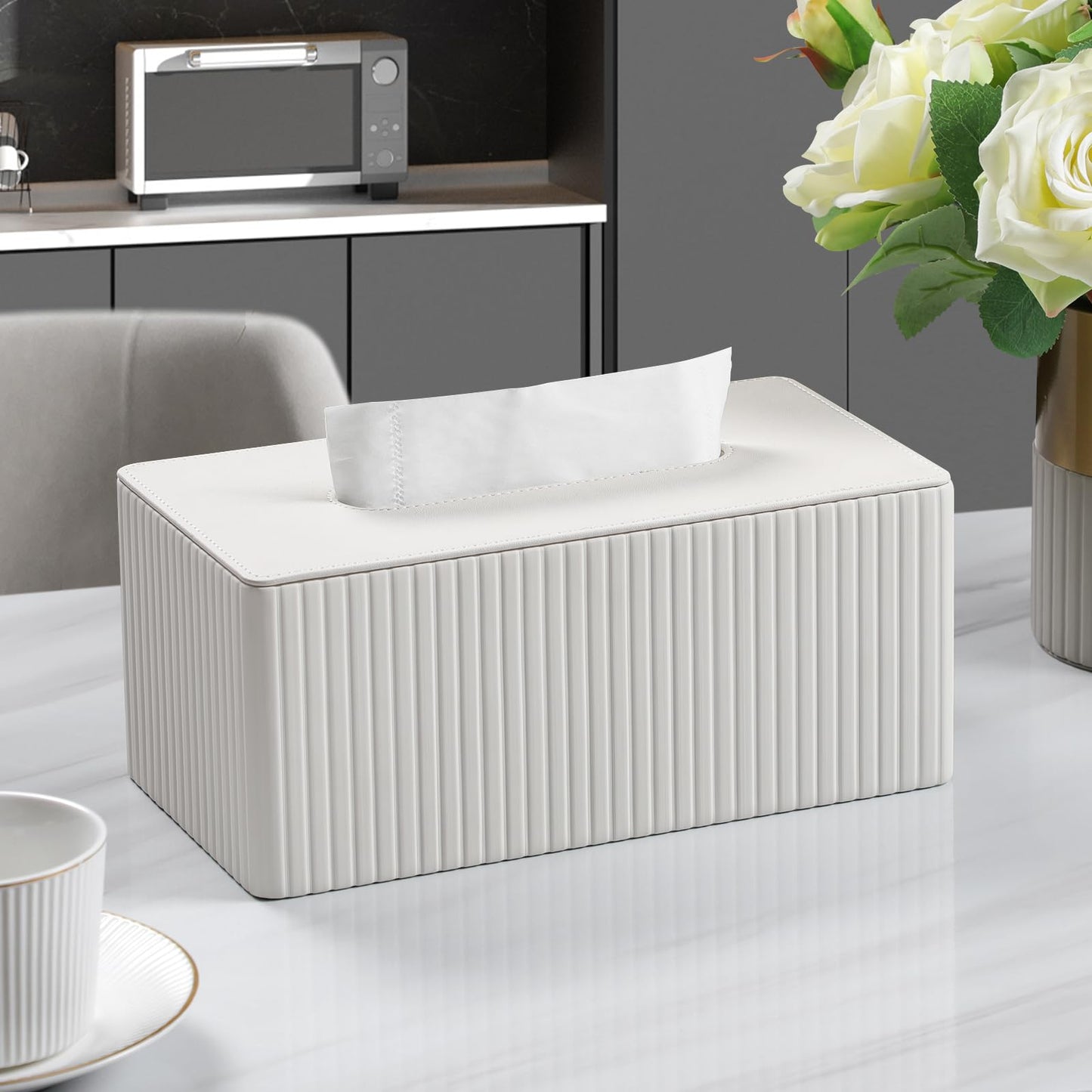 MEIBOOCH PU Leather Tissue Box Cover for up to 3.9" High Boxes, Rectangle Tissue Box Holder for Bathroom Bedroom Living Room Office (Ivory)