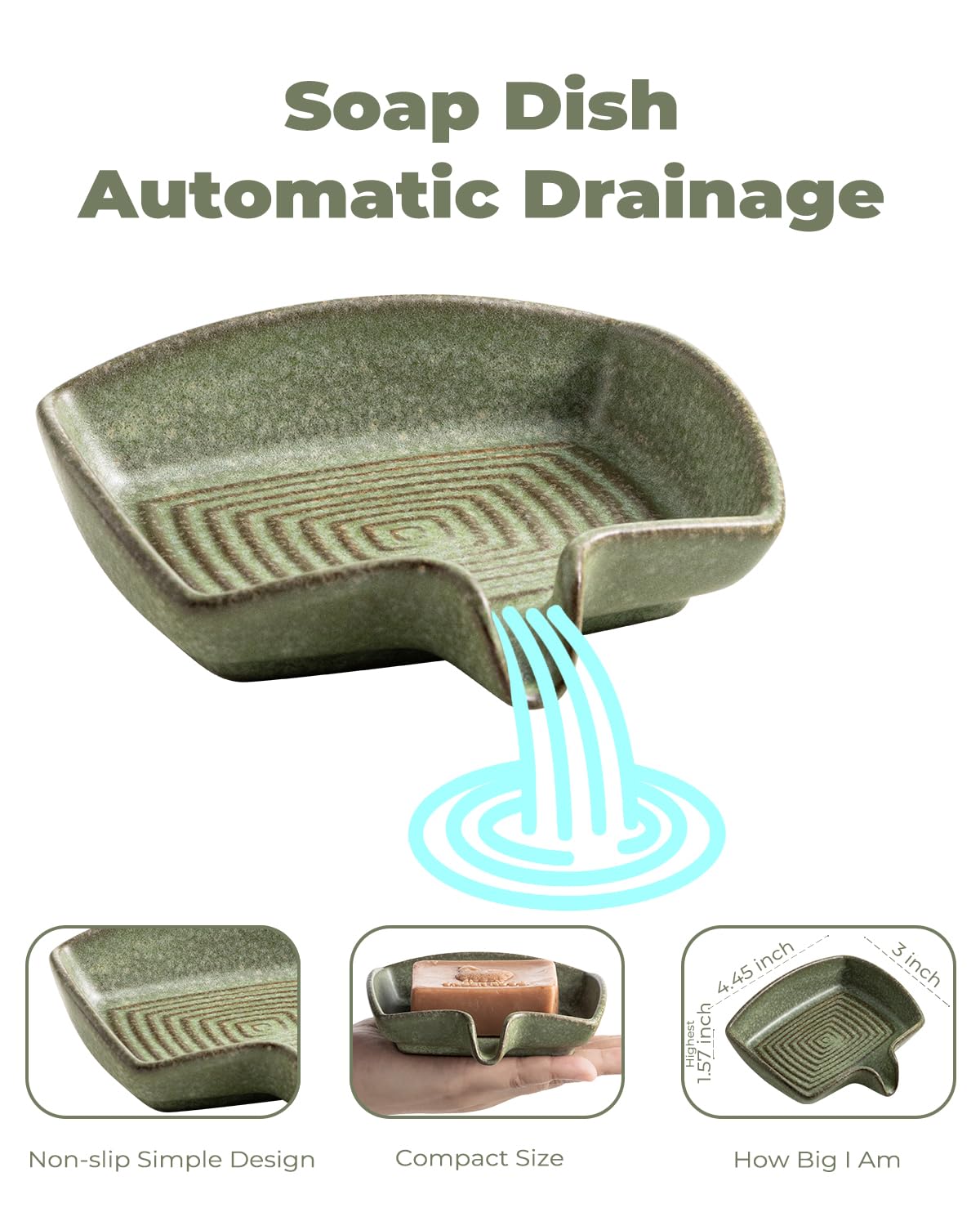 Self Draining Soap Dish, Ceramic Drain Soap Holder Waterfall Design Soap Saver for Shower, Bathroom, Sink, Kitchen and Countertop, Keeps Dry, Green