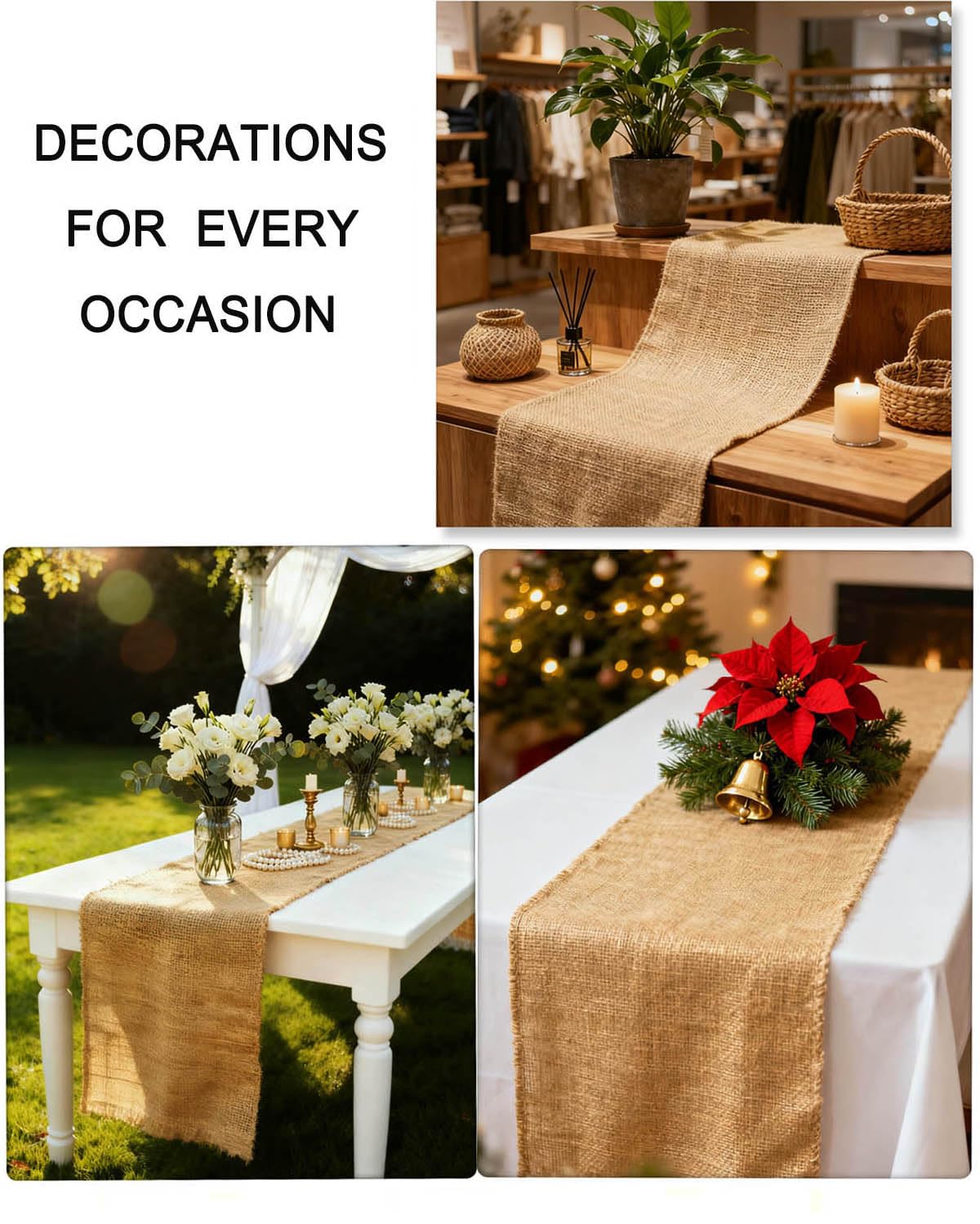 Burlap Table Runner 12×108 Inch – Rustic Jute Fabric Roll with No-Fray Edges – Natural Farmhouse & Wedding Table Décor – Eco-Friendly Hessian Cloth for Parties & DIY Crafts