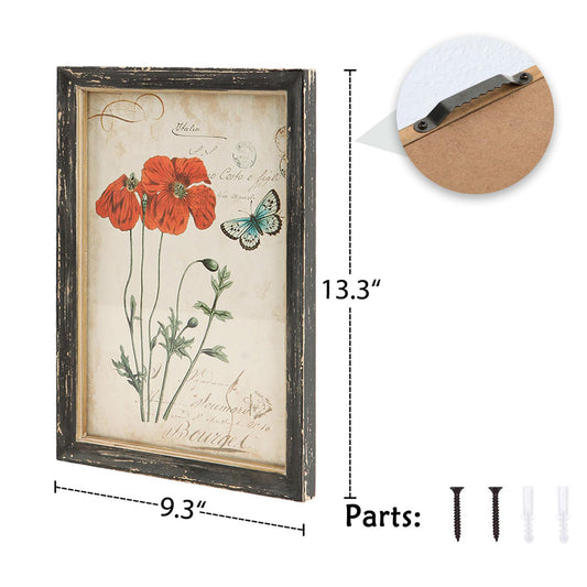 NIKKY HOME Vintage Botanical Wall Art Set of 2, Rustic Wooden Framed Floral Flower Plant Butterfly Pictures Prints Poster Decor for Bathroom Bedroom Living Room Kitchen Office, 13 x9 Inch