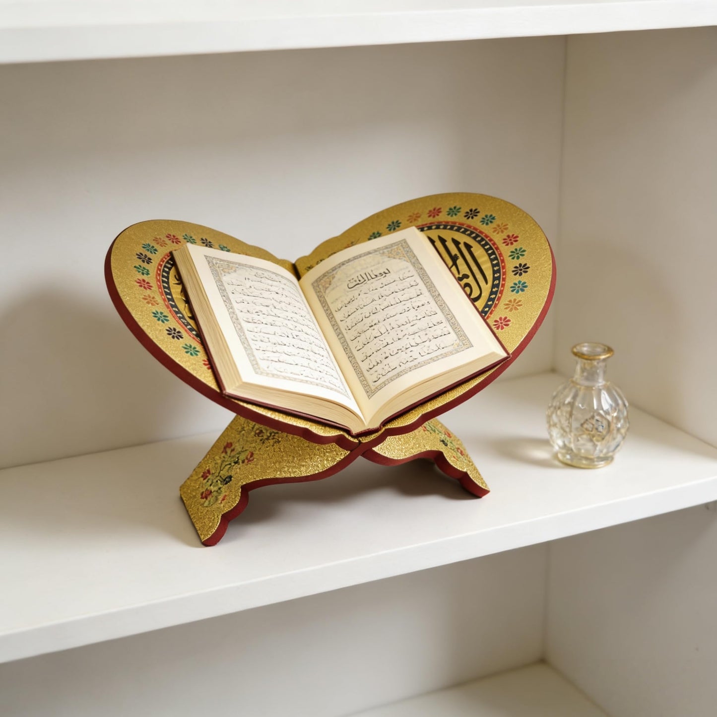 KYMY Muslim Quran Rehal Book Stand – Foldable Wooden Carved Quran Reading Holder for Al-Quran, Koran, Bible Books, Islamic Prayer Book Stand for Ramadan & Eid Decor