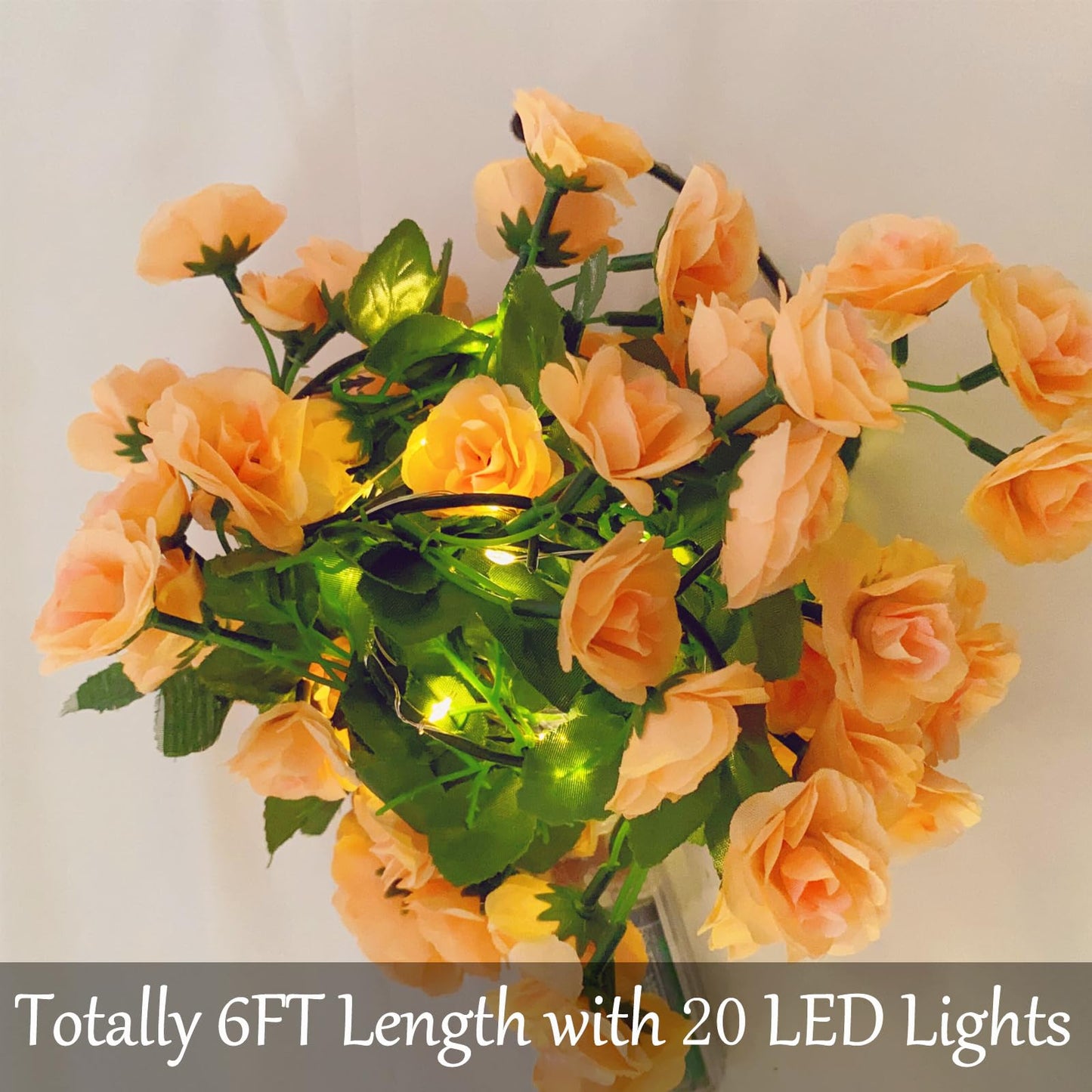Fielegen Artificial Flower Garland with 20 LED String Lights, 6FT Hanging Rose Flower Vine Garland Decorations for Garden Wedding Flower Table Decor Birthday Party Indoor Bedroom Wall Room