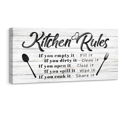 Pinetree Art Kitchen Rules Wall Decor Funny Inspirational Quote Canvas Print Art Modern Rustic Farmhouse Kitchen Decorative (8X16 Inch, W)