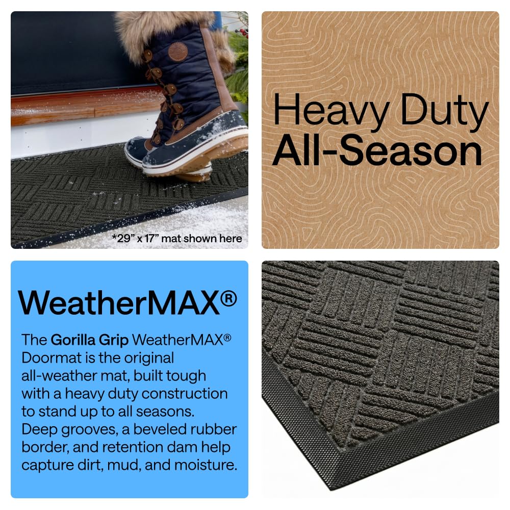 GORILLA GRIP 100% Waterproof All-Season WeatherMAX Doormat US Designed Natural Rubber, Stain Fade Resistant, Low Profile Indoor Outdoor Door Mats, Easy Clean, 29x17 Gray Diamond