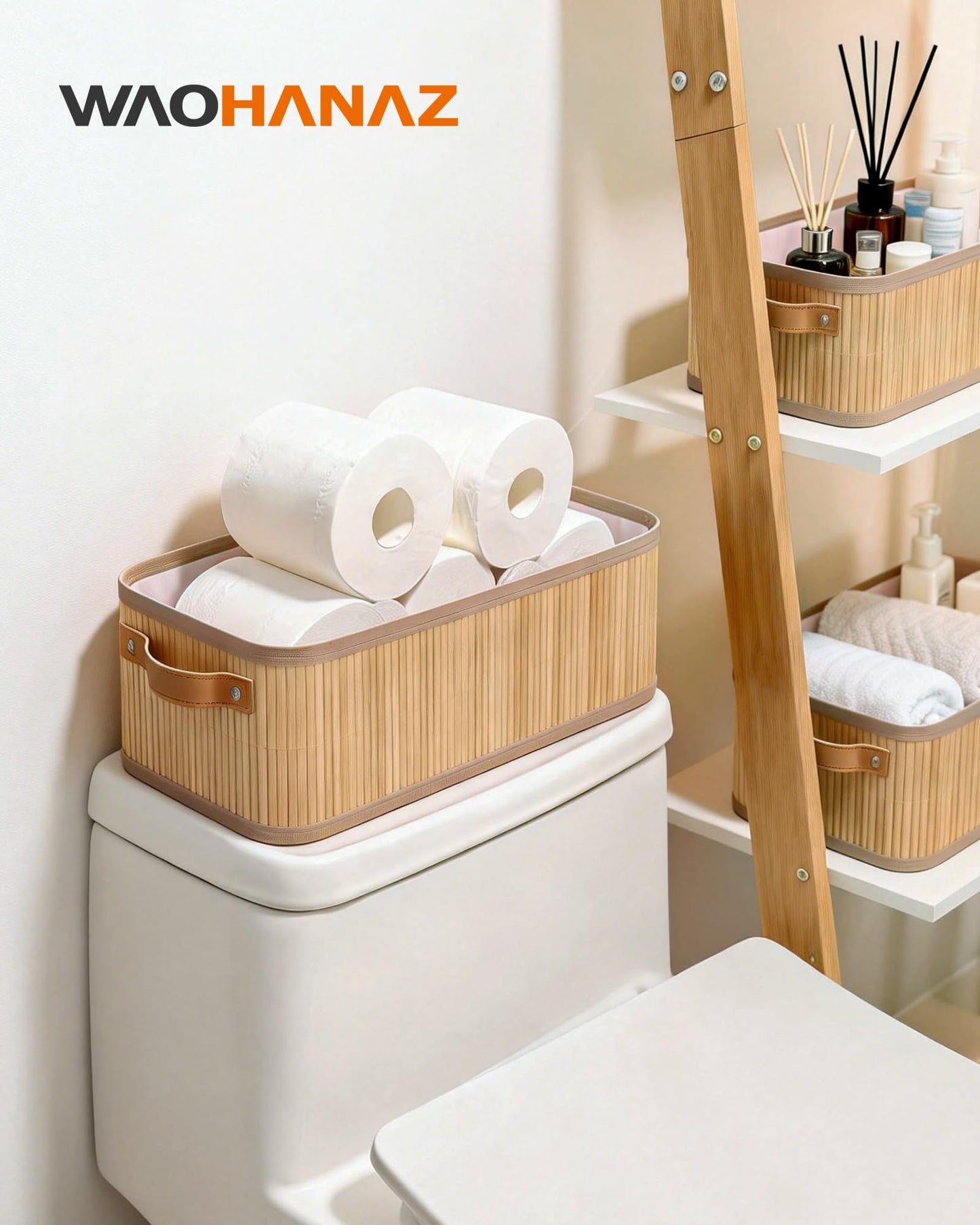 Narrow Storage Bins, Small Basket for Closet and Shelves, Bamboo Toilet Paper Storage Organizer with Handles for Countertop-Bathroom-Home Decor, 2-Pack