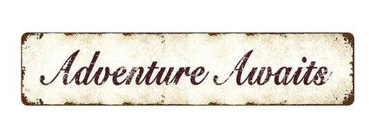 Vintage Adventure Awaits Metal Sign - 16x4 Inch Rustic Wall Art for Cabin and Camper Decor, Wanderlust Travel Inspired Tin Plaque, Unique Gift for Outdoor Enthusiasts and National Park Lovers
