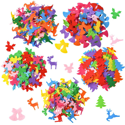 SUNNYCLUE 300Pcs 5 Styles Christmas Embellishments Felt Shapes Random Mixed Colorful Non Woven Fabric Holiday Xmas Tree Bell Deer Shape Handmade Ornaments for DIY Craft Sewing Clothes Bags Decoration