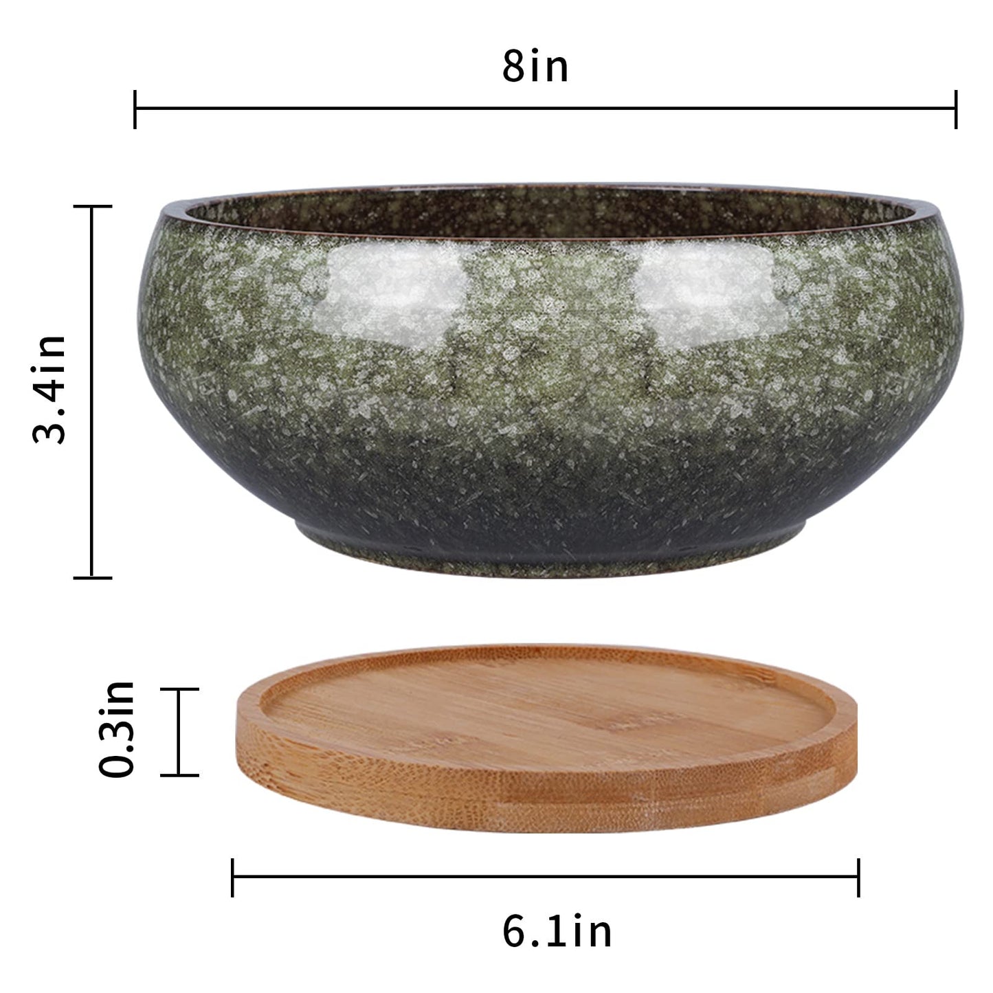 EPFamily 8 Inch Ceramic Bonsai Planter Pot, Glazed Shallow Succulent Planter with Drainage Hole and Bamboo Saucer for Indoor Plants, Brown