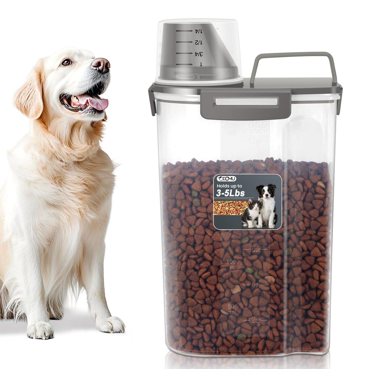ODOMU Dog Cat Food Storage Container 3-5lb, Pet Food Container Airtight with Large Spout & Cup, BPA-Free Plastic Food Dispenser for Pet Food, Bird Seed, Rice, Flour (Dark Gray (3L-1pack))