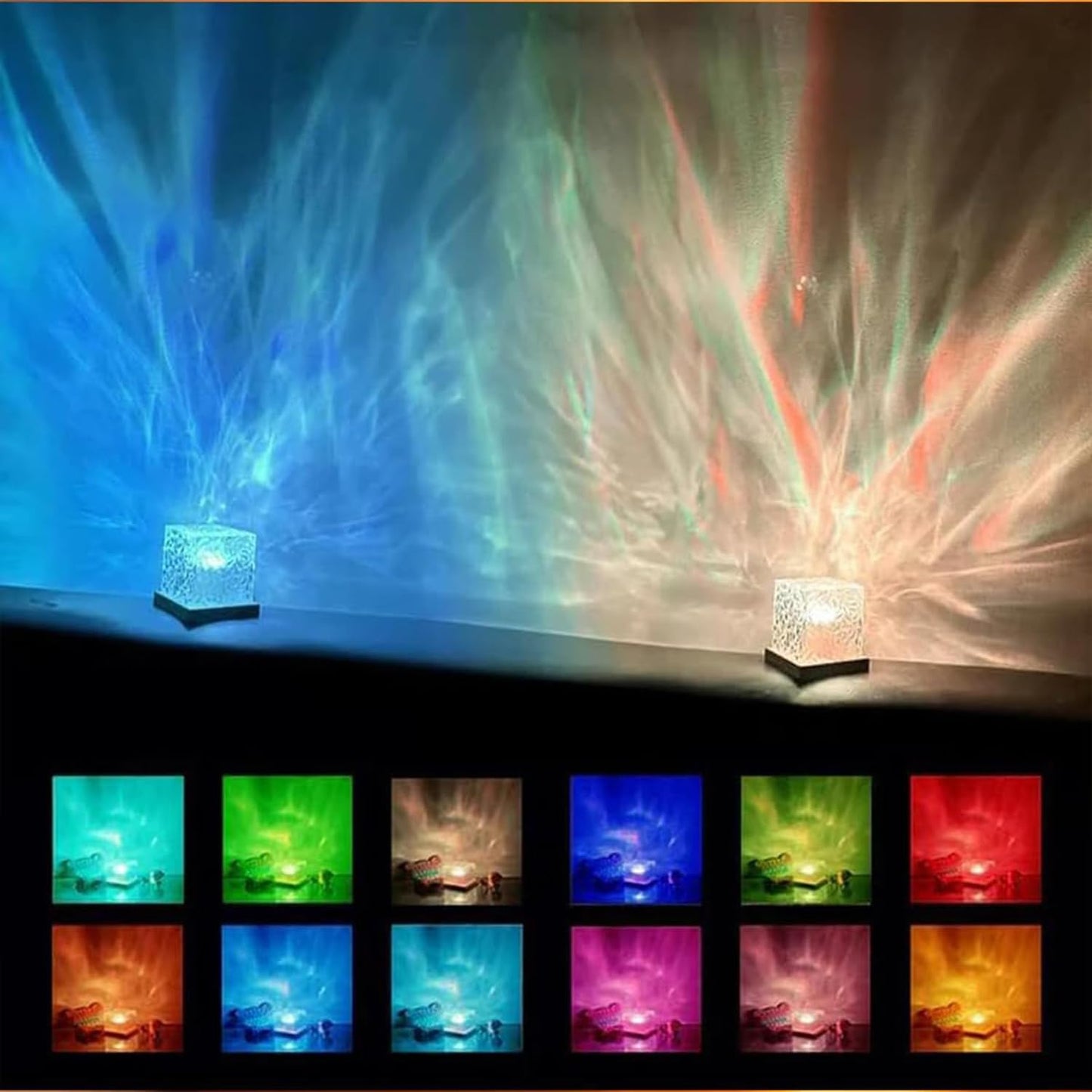 Growalleter Ocean Wave Projector Light, 16-Color LED Cube Lamp with Remote, 3D Water Ripple Projection, Romantic Ambient Lighting for Kids Room, Relaxation, Bedroom, Bathroom & Night Light
