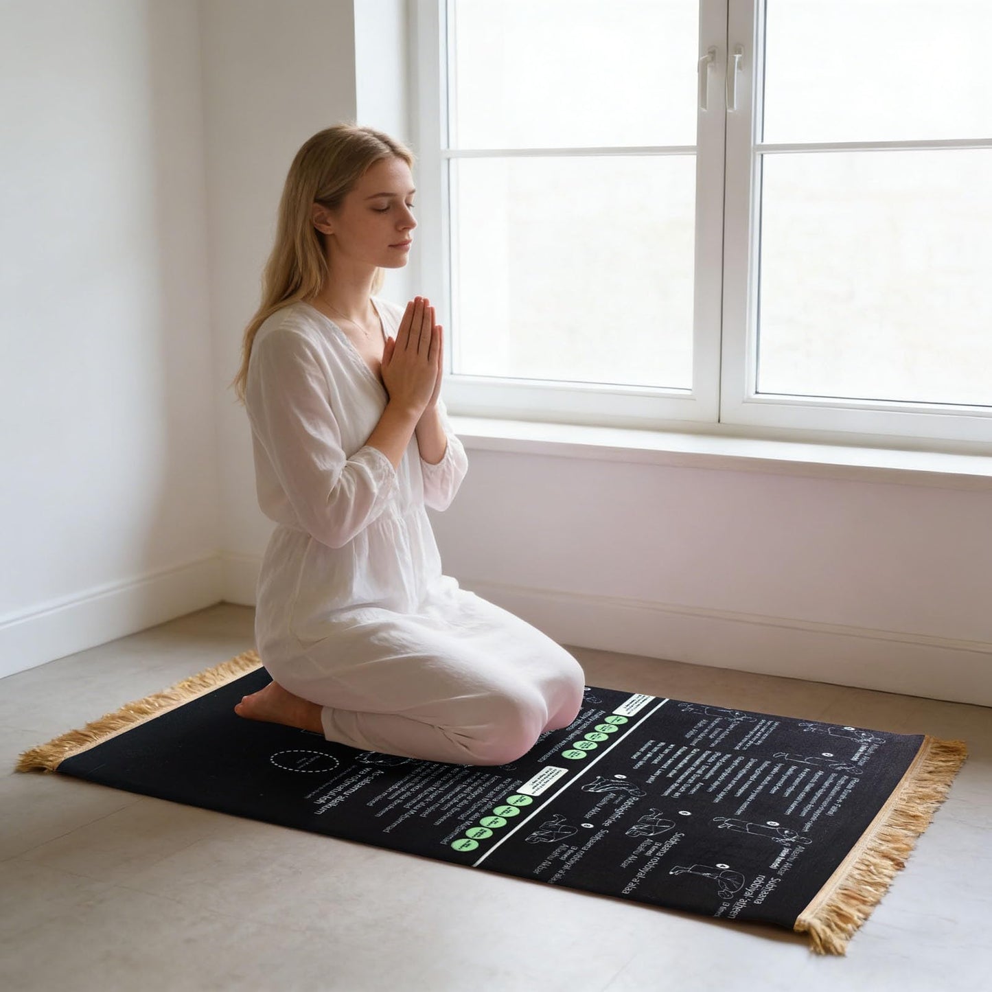 Read in English and say it in Arabic Guided Prayer Mat, Non-Slip Educational Janamaz for New Muslims, Reverts & Kids Learning Prayer - Large Spiritual Gift (Black, 65x110cm)