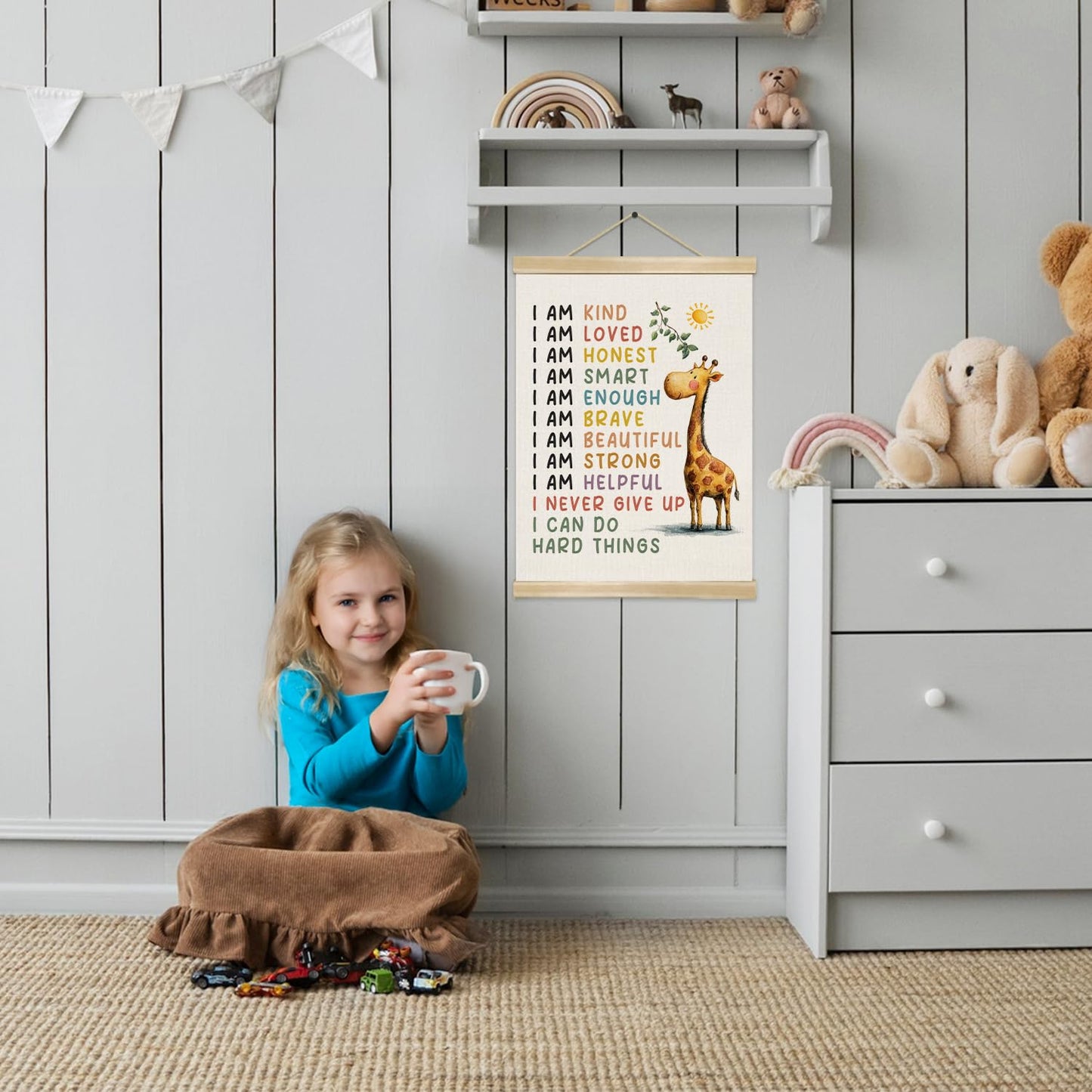 Positive Affirmations Wall Art Decor– I Am Kind,I Am Strong Canvas Poster with Giraffe Pattern, Motivational Wall Hanging Decor for Classroom Nursery Playroom,Kids Room Decor 14.5x18Inch(Je03)