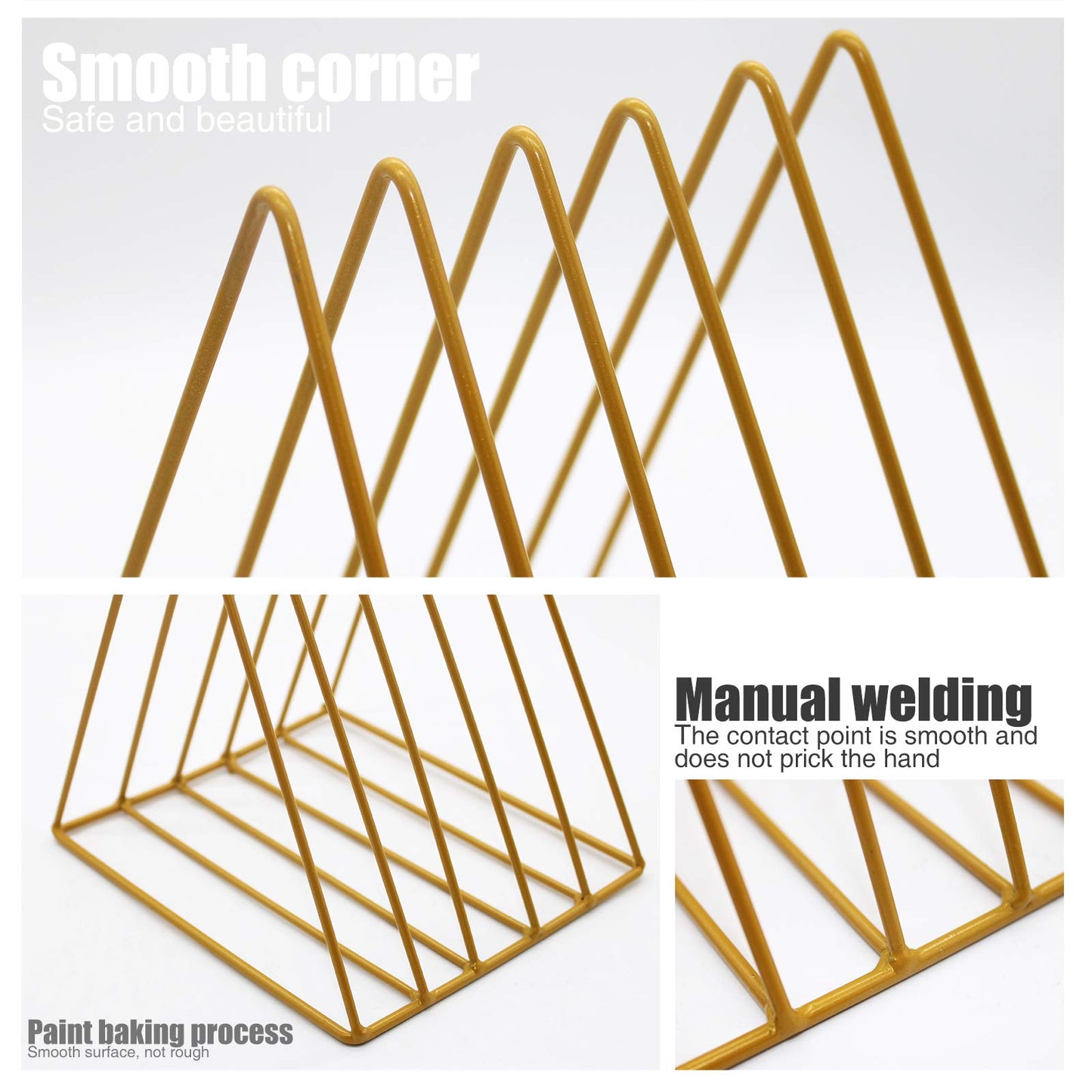 QPEY Triangle File Holder,5 Slot Metal Vinyl Record Stand Holder Magazine Newspaper Holder Photography Props for Office Home 1 Pc (Gold)