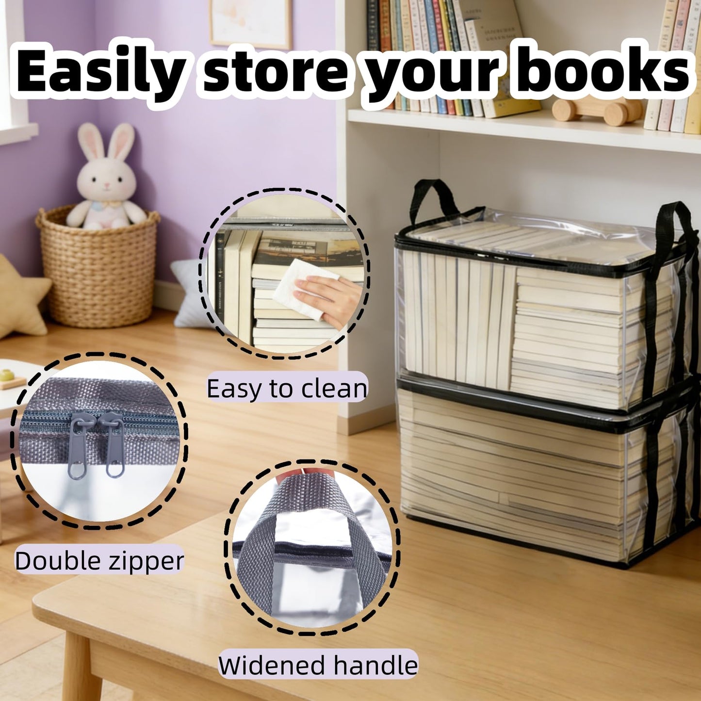Clear Book Storage Bag with Reinforced Handles - Heavy Duty Plastic Comic Book Organizer & DVD Storage Bin - Collapsible Media Tote with Zipper Lid for Books, Journals and Albums - 15" x 9.5" x 12.5"
