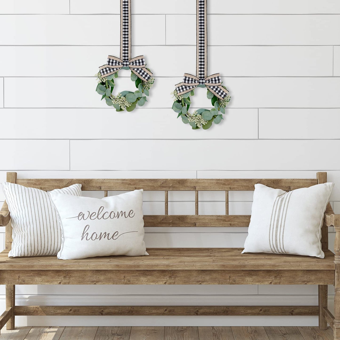 Syhood 2 Pieces 9" Mini Eucalyptus Wreath Artificial Spring Summer Greenery Wreath for Front Door Farmhouse Kitchen Cabinet with Ribbon for Porch Wall Window Decor(Plaid Bow Style)