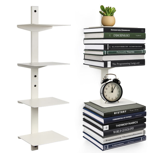 ART-GIFTREE Floating Book Shelves for Wall, 4 Tier Invisible Floating Bookshelf, Vertical Spine Book Tower, Wall Mounted & Space Saving, Heavy Duty Metal Book Organizer for Home Office, 2 Pack White