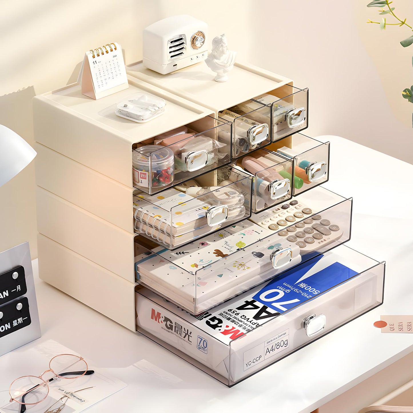 OSteed Spacious Desktop Storage Box, 1 Large 1 Middle & 2 Small Storage Drawers, Stackable Office Desk Drawer Organizer and Accessories, Printer Paper Organizer, Cream Plastic Drawers for Workspace